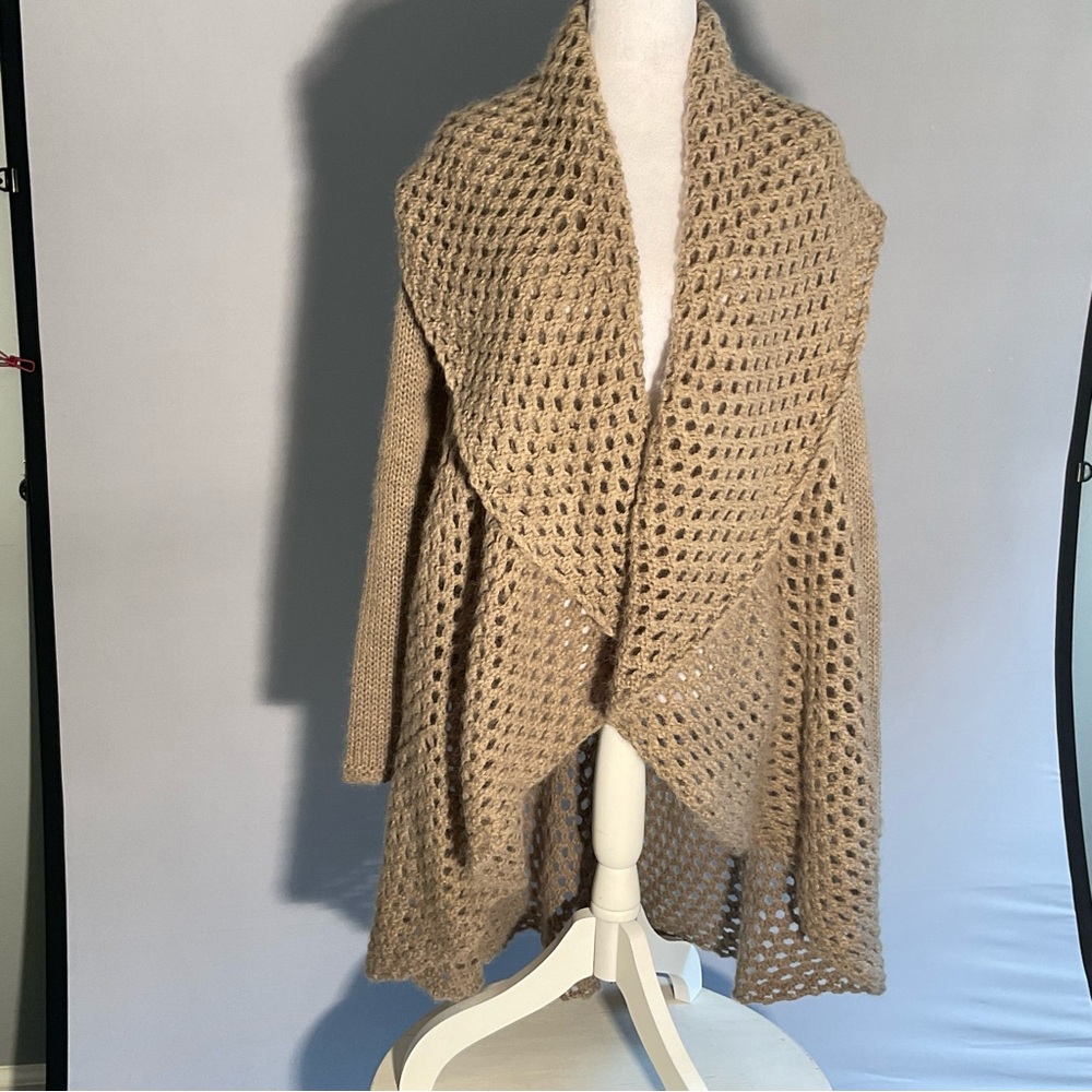 Anthropologie Elsamanda 2X Open Knit Hi/Lo Taupe Cardigan with Shawl Collar - Picture 13 of 16